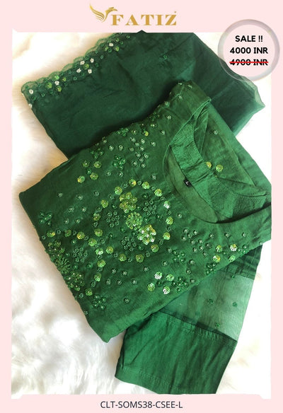 MAVYA DARK GREEN - L - KURTA-BOTTOM-DUPATTA